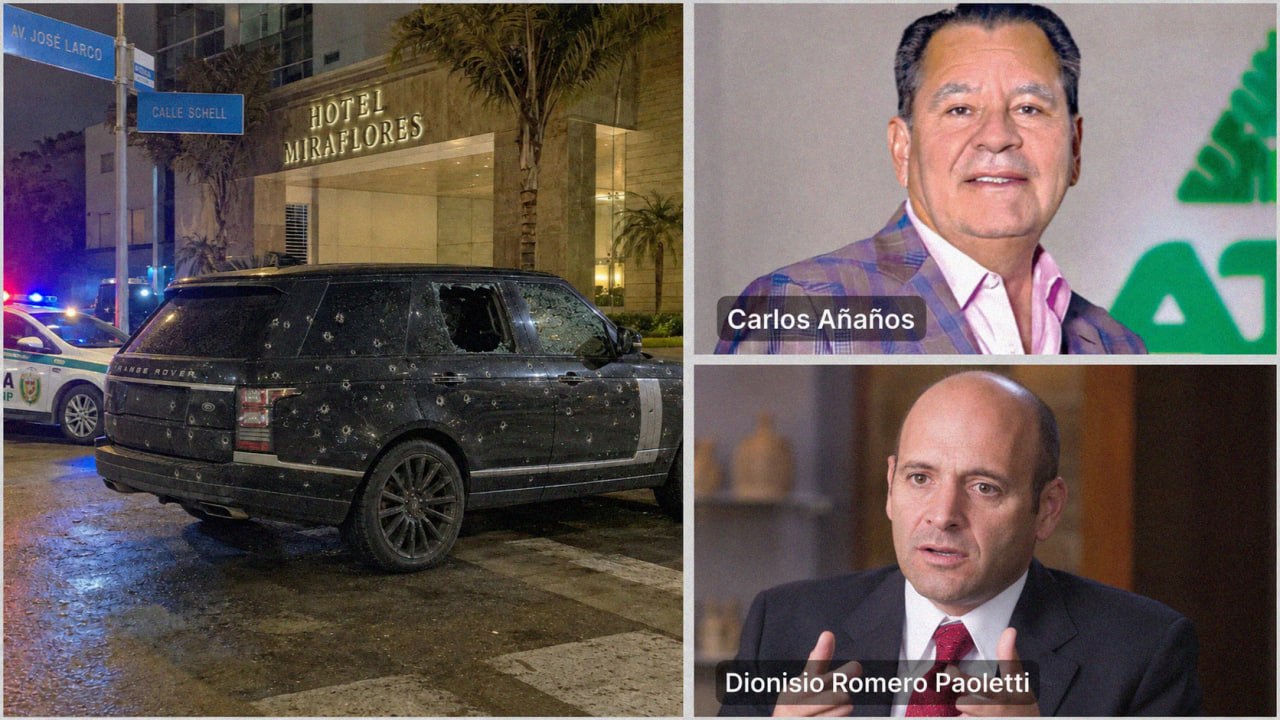 La camioneta baleada de Añaños en Miraflores, con retratos de Carlos Añaños y Dionisio Romero Paoletti