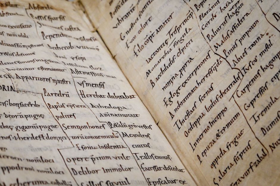Detailed close-up of an ancient manuscript showcasing Latin text and calligraphy.